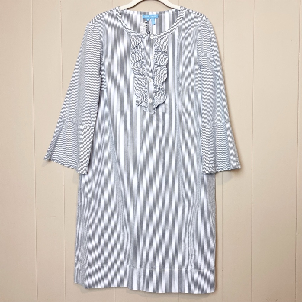 Draper James NWT Seersucker Ruffle Shirt Dress 12 blue white classic shift - Picture 2 of 12